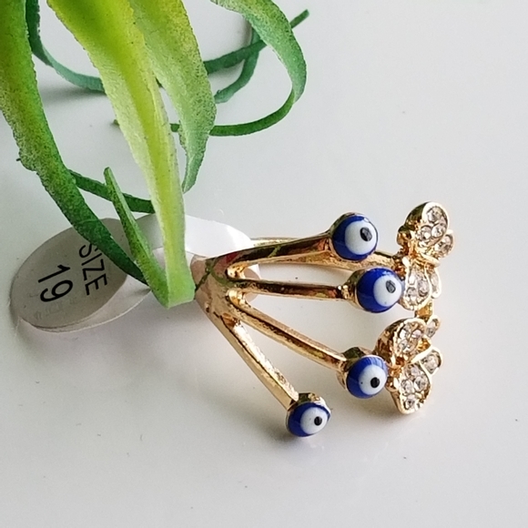 Evil Eye Butterfly Rhinestone Blue  Protection Gold Ring New size 9 - Picture 2 of 2